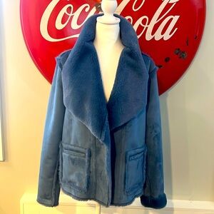 Hilary Radley faux suede bomber jacket, soft fur, light blue, reversible, size L